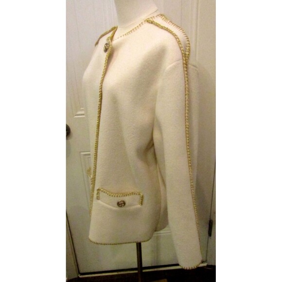 Aqua Sheen Cardigan Vintage Eggshell White Polar Fleece Sweater Gold Trim Size L - Picture 4 of 13